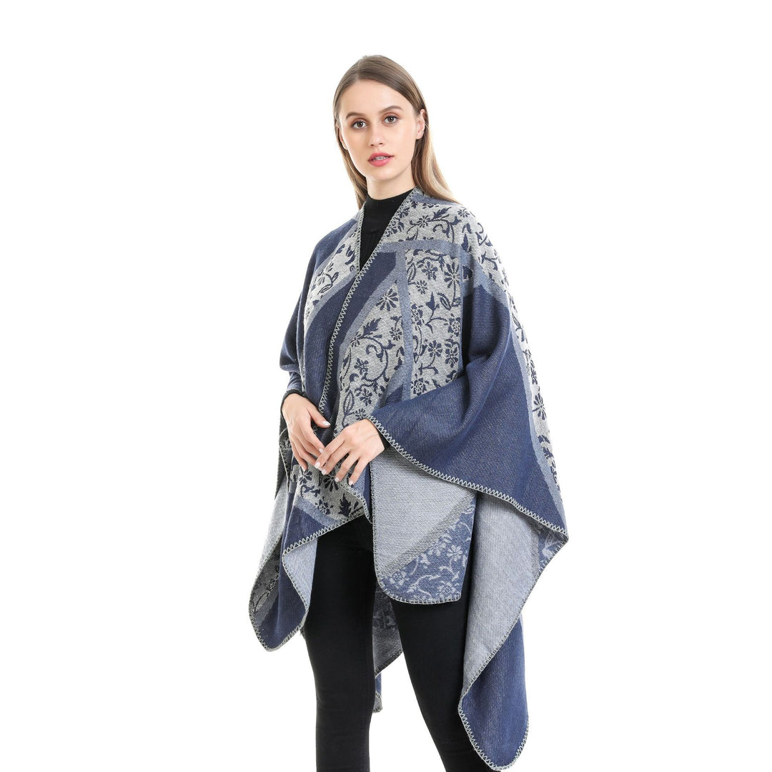Ladies Jacquard Poncho with Floral Intarsia and Open Ruana Silhouette Mune Fashion