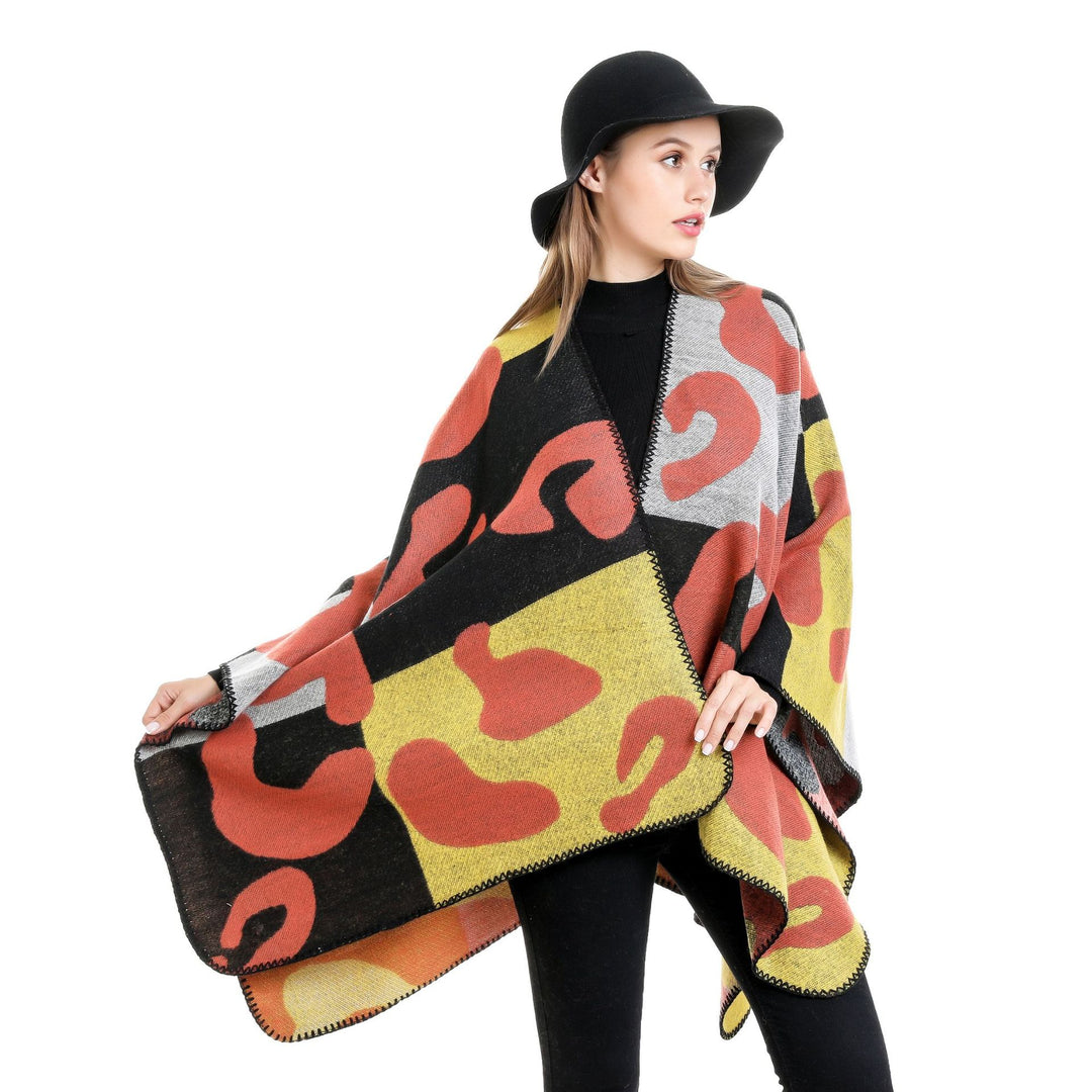 Women's Oversized Ruana with abstract graphic jacquard and decorative overlock seam Mune Fashion