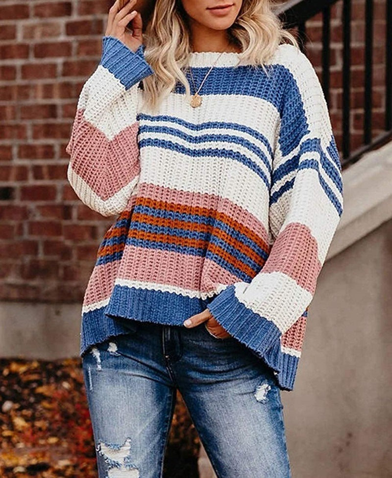 Women's Oversize Waffle Knit Sweater with Block Stripes and Dropped Shoulders Mune Fashion