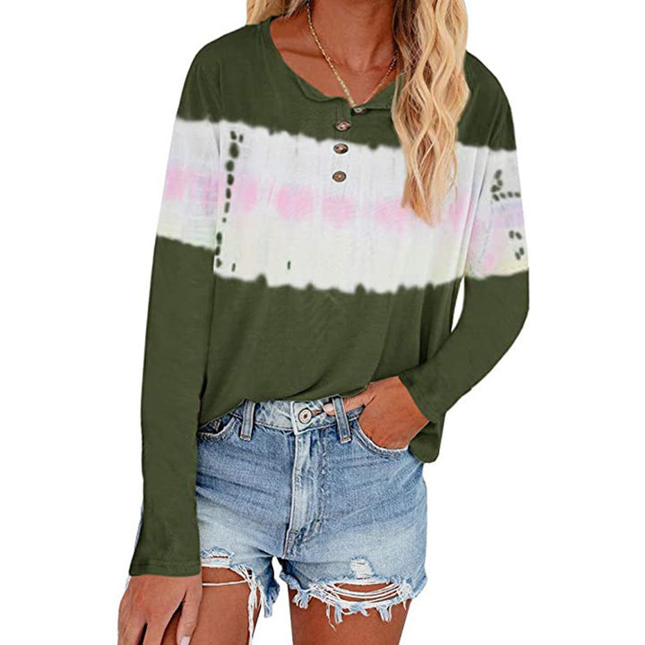 Women's Casual Long Sleeve Henley Shirt with Horizontal Tie-Dye Panel Drune