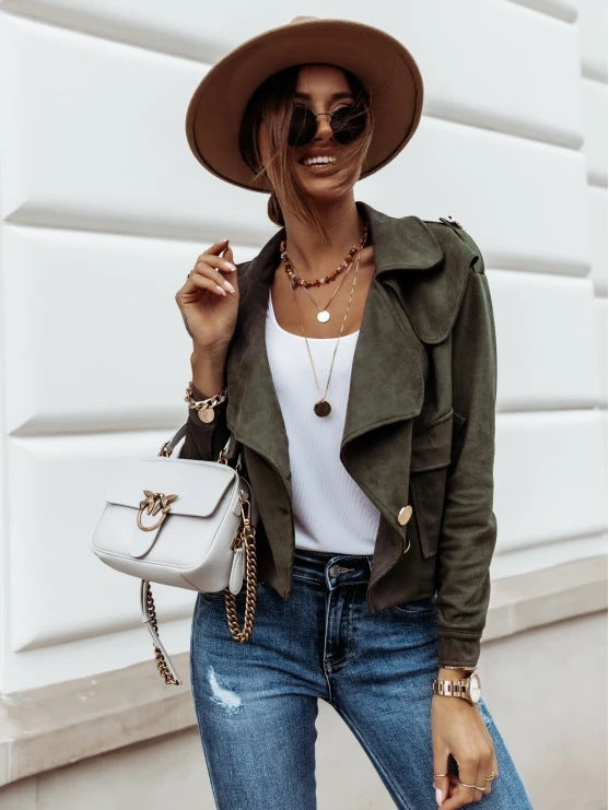 Women's Cropped Suede Jacket with Wide Lapels and Gold Decorative Buttons Mune Fashion