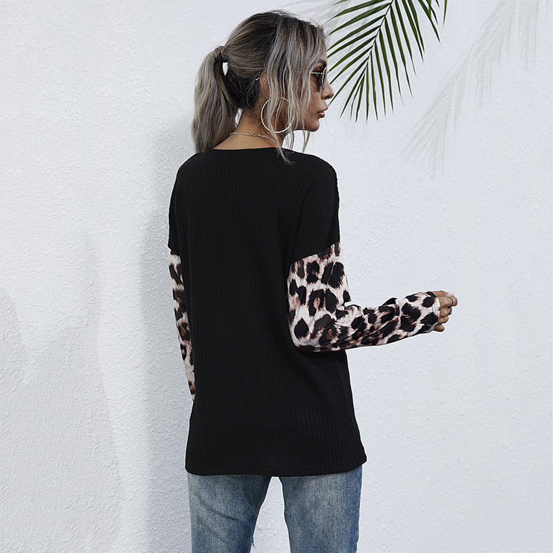 Women's Long Sleeve Tailored V-Neck Shirt with Ruffle Detail and Leopard Sleeves Mune Fashion