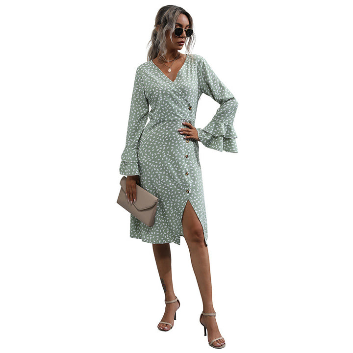 Ladies Midi Wrap Dress in Polka Dot Pattern with Ruffle Cuffs & Waist Cord Mune Fashion