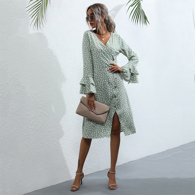 Ladies Midi Wrap Dress in Polka Dot Pattern with Ruffle Cuffs & Waist Cord Mune Fashion