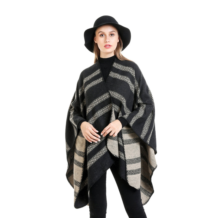 Ladies Oversize Ruana with graphic longitudinal jacquard stripes and open kimono fall Mune Fashion