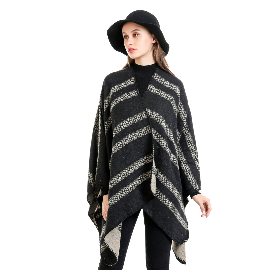 Ladies Oversize Ruana with graphic longitudinal jacquard stripes and open kimono fall Mune Fashion