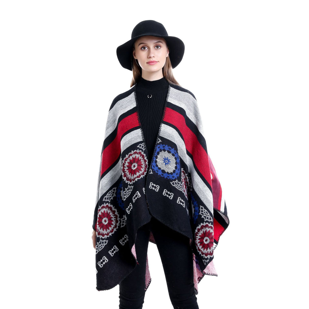 Women Oversize Ruana Poncho with V-neck and ornamental Jacquard weaving Mune Fashion
