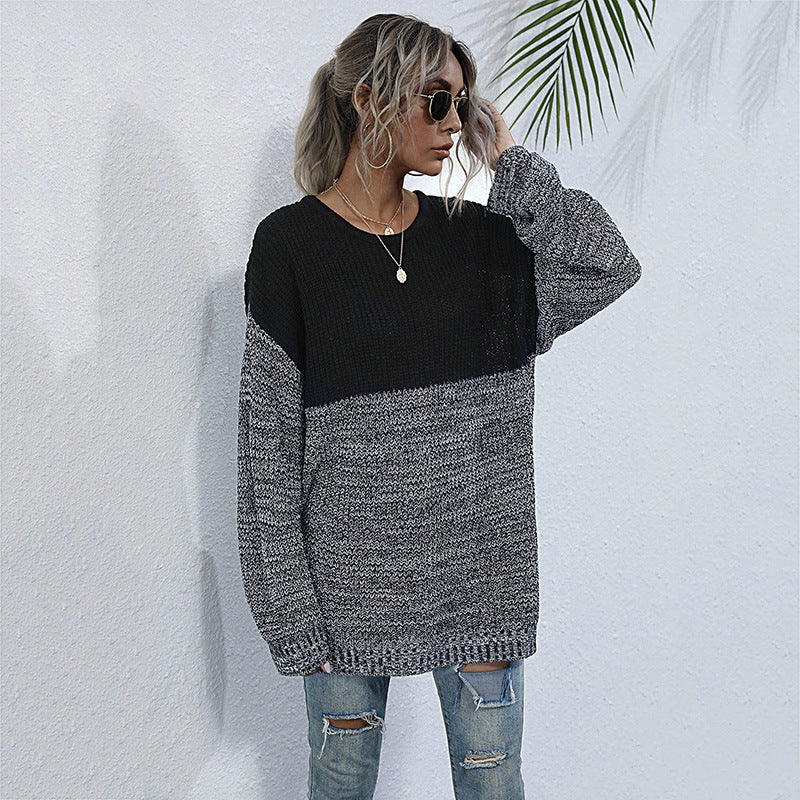 Ladies oversized knitted sweater in melange block design with round neckline & extended hem Mune Fashion