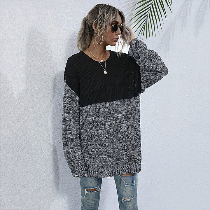 Ladies oversized knitted sweater in melange block design with round neckline & extended hem Mune Fashion