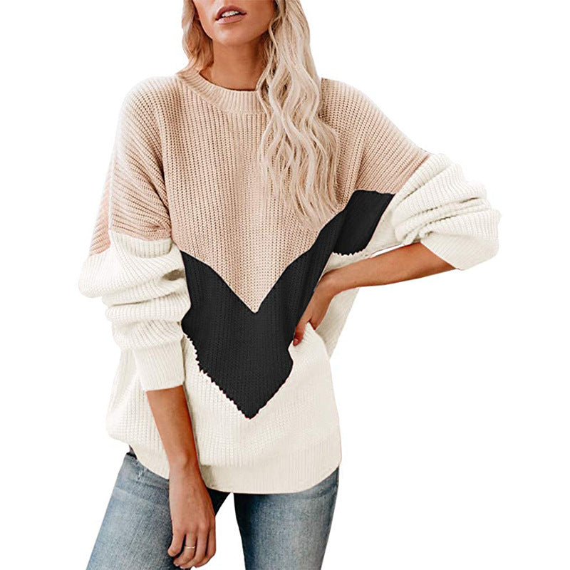 Women's Oversize Colorblock Sweater with V Intarsia, Ribbed Cuffs and Structured Knit Mune Fashion