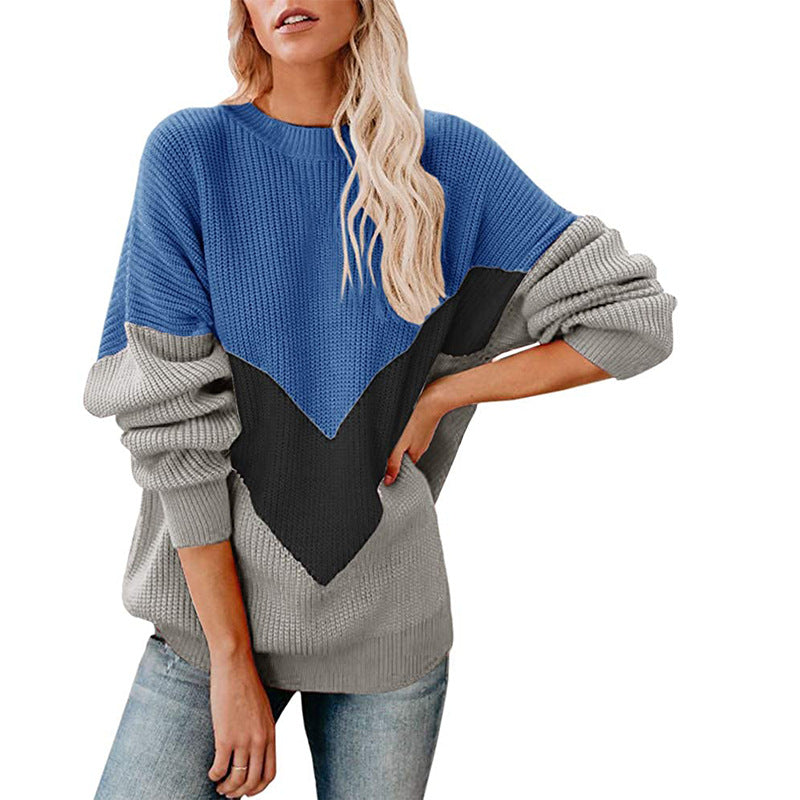 Women's Oversize Colorblock Sweater with V Intarsia, Ribbed Cuffs and Structured Knit Mune Fashion