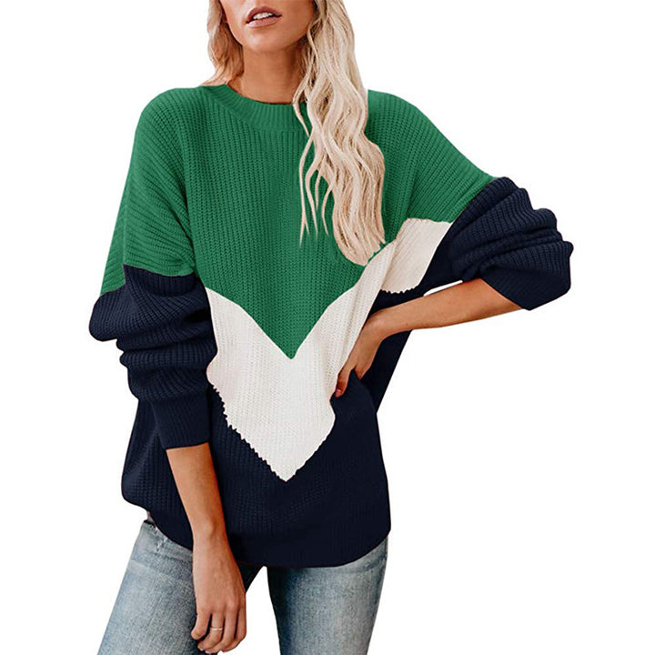 Women's Oversize Colorblock Sweater with V Intarsia, Ribbed Cuffs and Structured Knit Mune Fashion