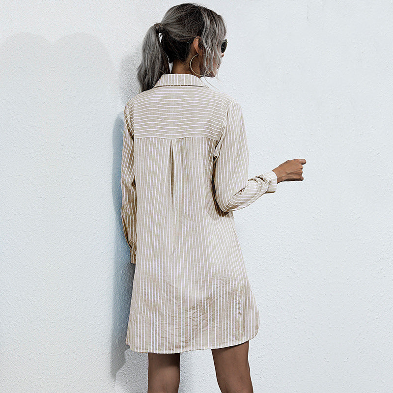 Women's Striped Shirt Dress with Laced Front, Long Sleeve & Side Slits Mune Fashion