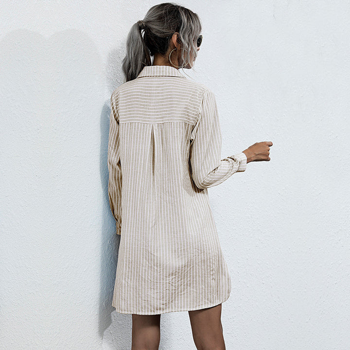 Women's Striped Shirt Dress with Laced Front, Long Sleeve & Side Slits Mune Fashion
