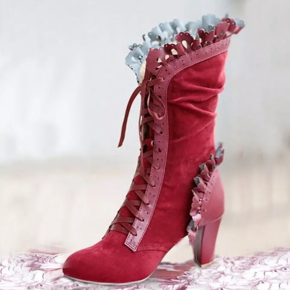 Women’s lace-up ankle boots with ruffle trim and medium block heel Mune Fashion