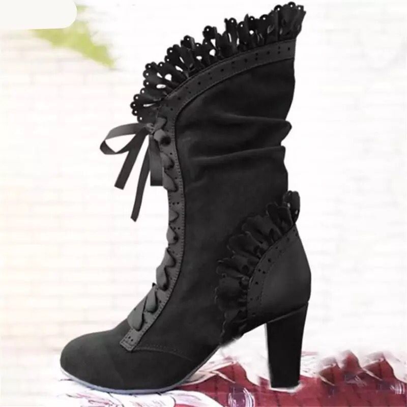 Women’s lace-up ankle boots with ruffle trim and medium block heel Mune Fashion