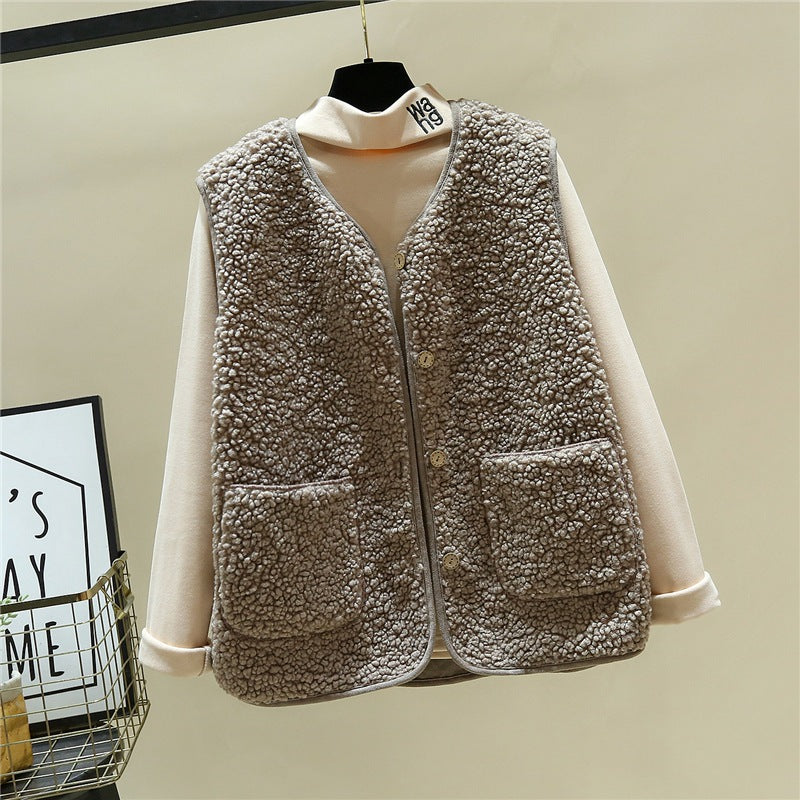 Women cozy teddy vest with snap button and patch pockets Mune Fashion