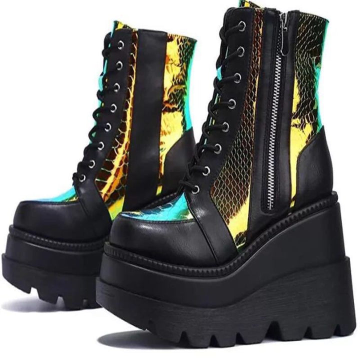 Ladies' platform biker boots with holographic inserts, lacing, and side zipper Mune Fashion