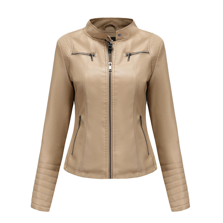Women's fitted biker jacket made of faux leather with stand-up collar and quilted sleeve section Mune Fashion