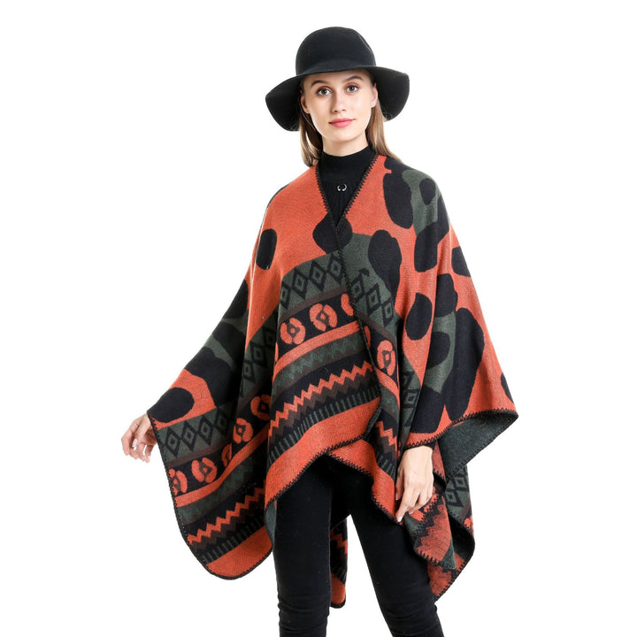 Women Jacquard Ruana Poncho with Ethno Jacquard and open oversized fall Mune Fashion