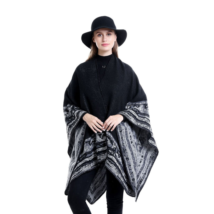Women Soft-Falling Oversize Ruana in Cloak Style with Ornamental Border Mune Fashion