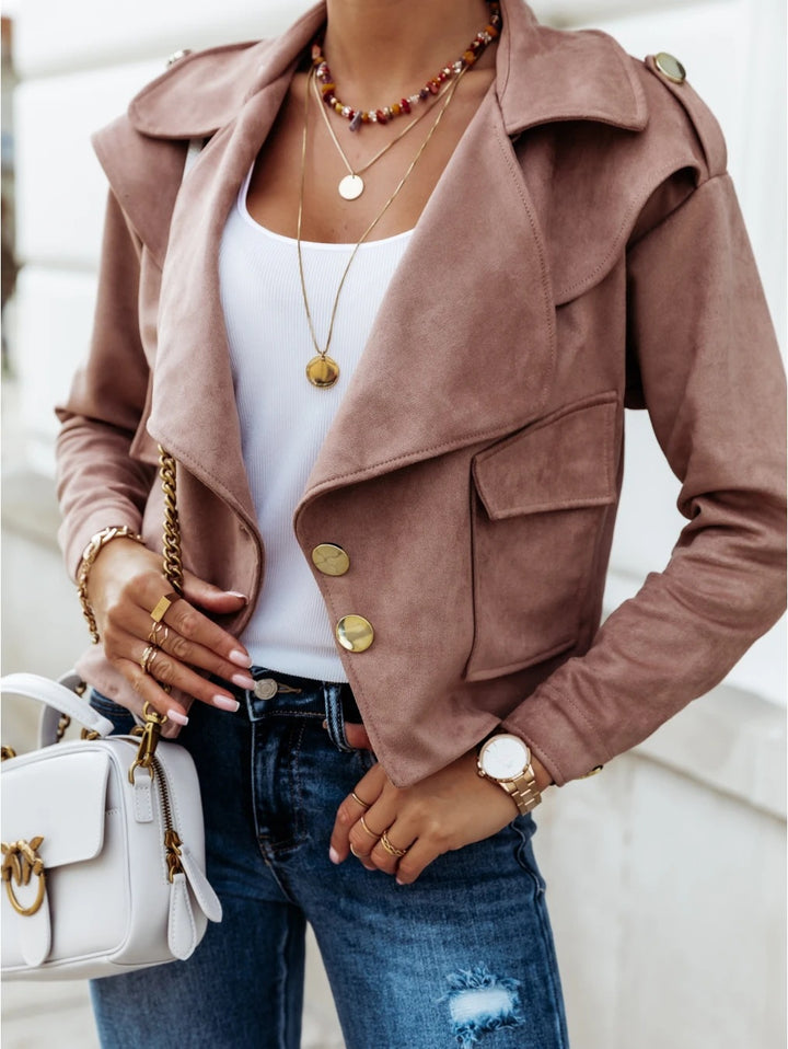 Women's Cropped Suede Jacket with Wide Lapels and Gold Decorative Buttons Mune Fashion