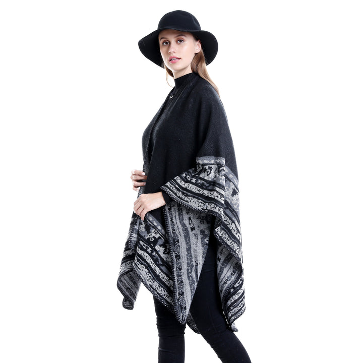 Women Soft-Falling Oversize Ruana in Cloak Style with Ornamental Border Mune Fashion
