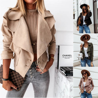 Women's Cropped Suede Jacket with Wide Lapels and Gold Decorative Buttons Mune Fashion