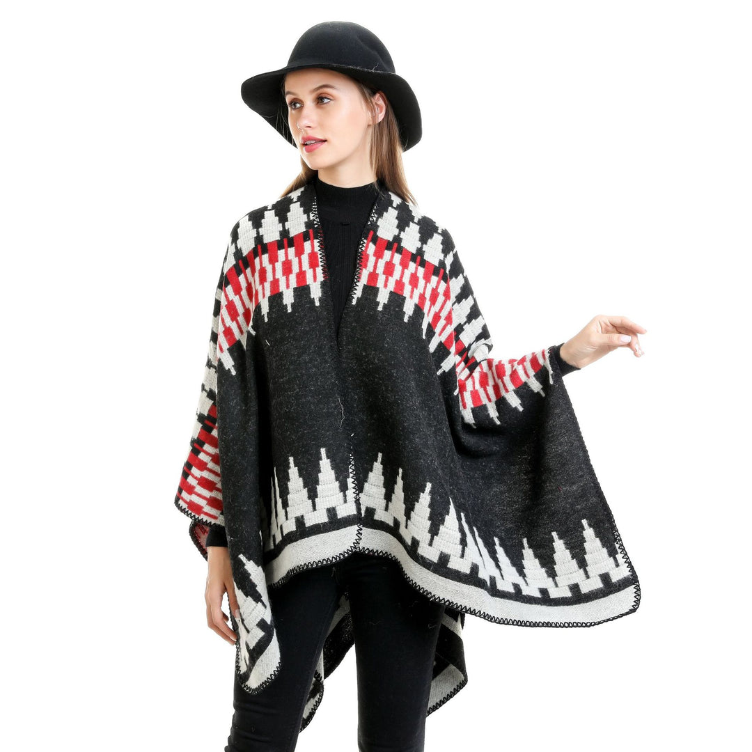 Women's jacquard knit ruana with geometric oversized fall and V-neck Mune Fashion