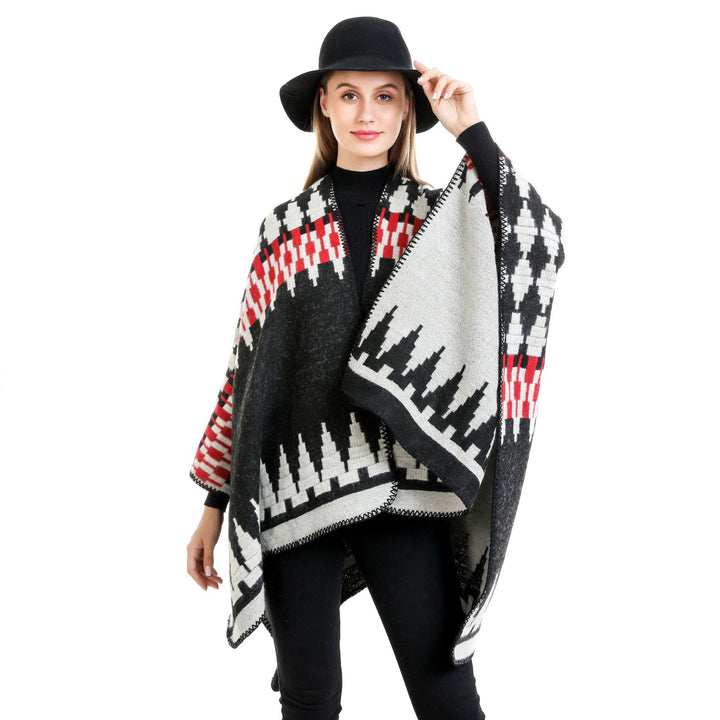 Women's jacquard knit ruana with geometric oversized fall and V-neck Mune Fashion