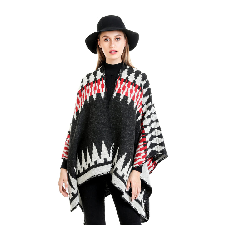 Women's jacquard knit ruana with geometric oversized fall and V-neck Mune Fashion
