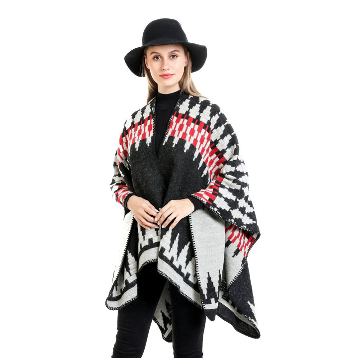 Women's jacquard knit ruana with geometric oversized fall and V-neck Mune Fashion