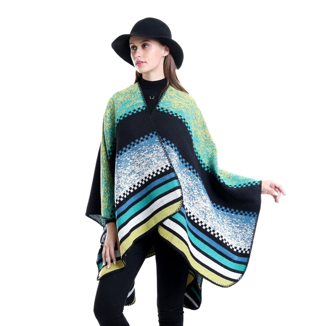 Women's Jacquard Ruana Poncho in Oversize with graphic stripe and ornament pattern Mune Fashion