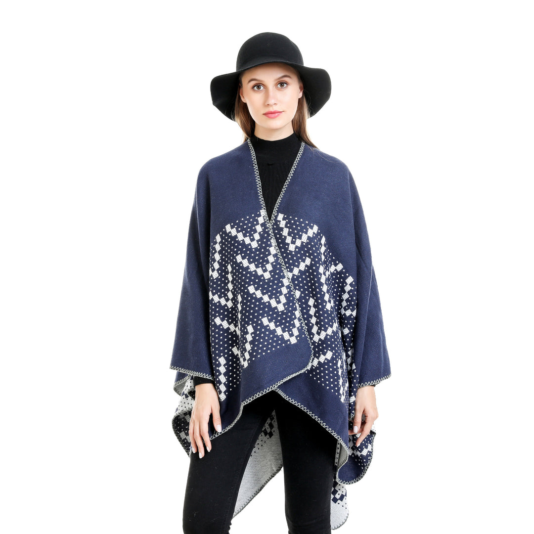Women's jacquard wrap ruana with geometric pattern and open kimono silhouette Mune Fashion