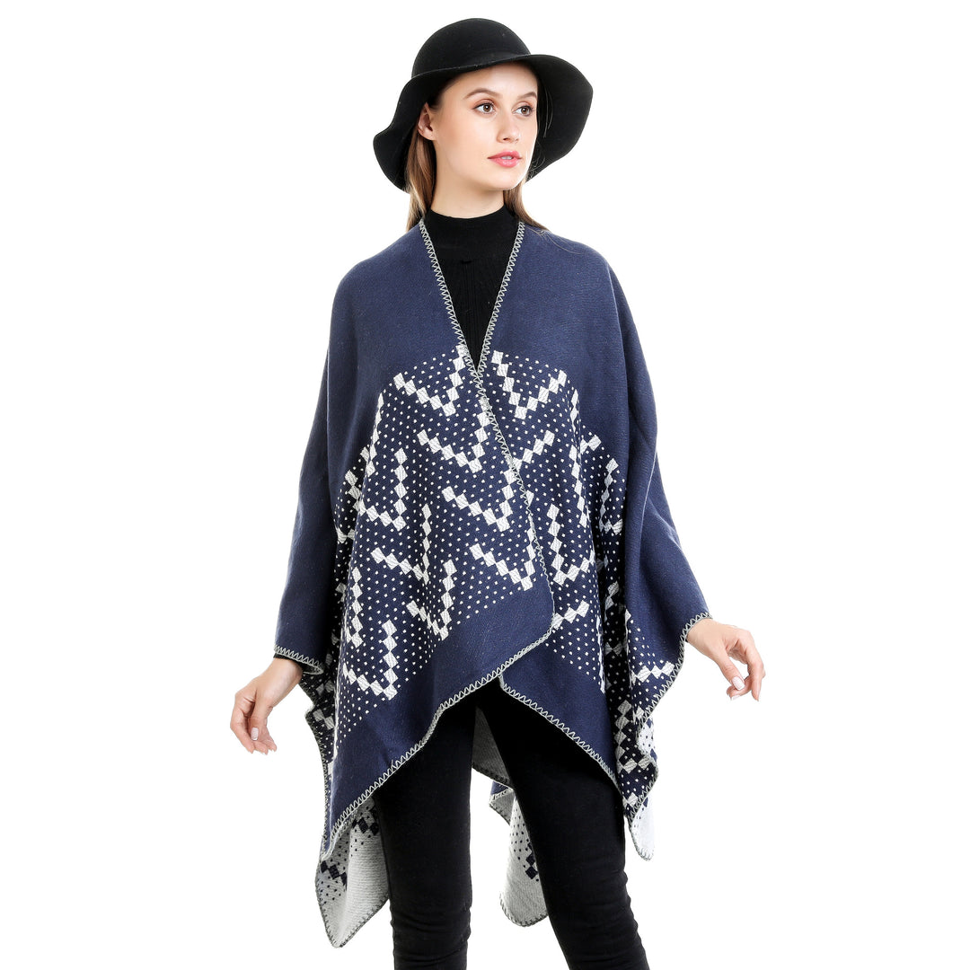 Women's jacquard wrap ruana with geometric pattern and open kimono silhouette Mune Fashion