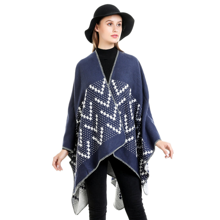 Women's jacquard wrap ruana with geometric pattern and open kimono silhouette Mune Fashion