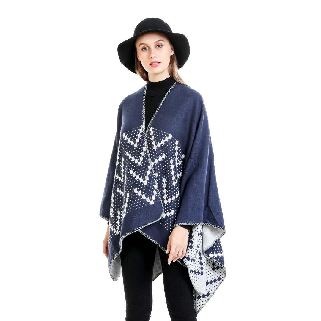 Women's jacquard wrap ruana with geometric pattern and open kimono silhouette Mune Fashion