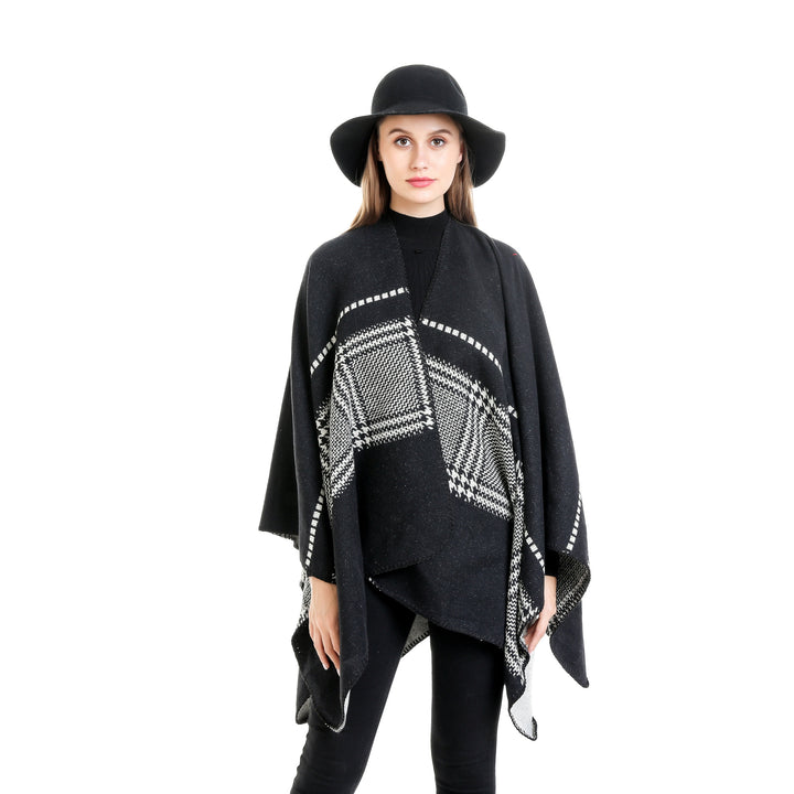 Women Jacquard wool blend ruana with open kimono fall and decorative overlock seam Mune Fashion