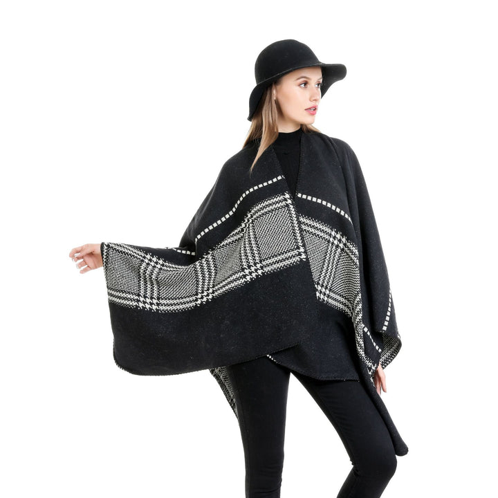 Women Jacquard wool blend ruana with open kimono fall and decorative overlock seam Mune Fashion