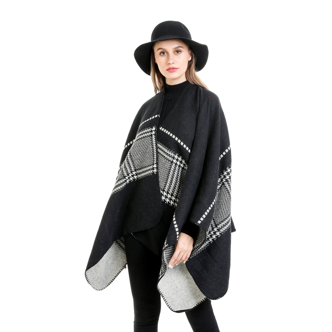 Women Jacquard wool blend ruana with open kimono fall and decorative overlock seam Mune Fashion