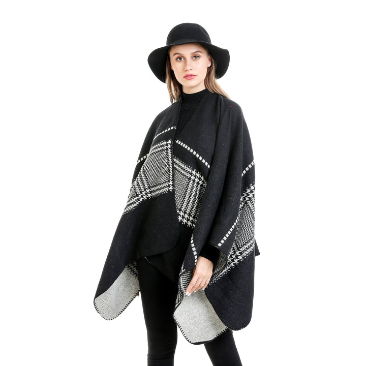Women Jacquard wool blend ruana with open kimono fall and decorative overlock seam Mune Fashion