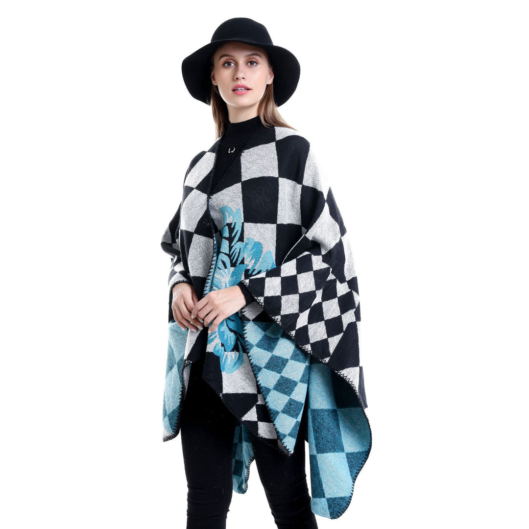 Women's Oversize Ruana in Jacquard with Check Pattern and Floral Allover Print