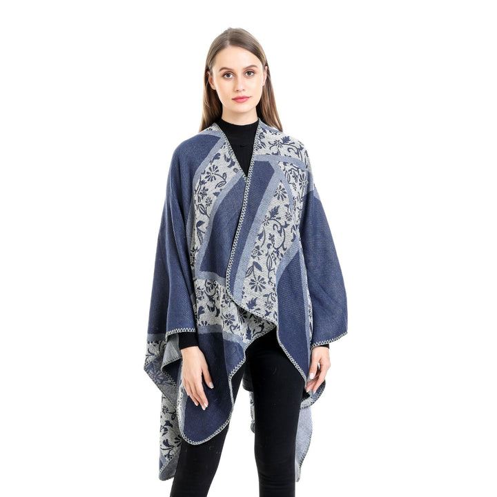 Ladies Jacquard Poncho with Floral Intarsia and Open Ruana Silhouette Mune Fashion