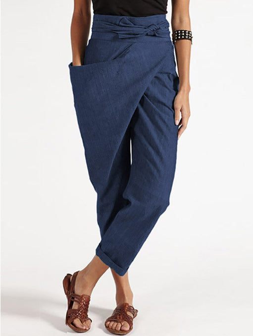 Women's wrap pants made of linen blend with high waistband, overlapping front and generous side pocket Mune Fashion