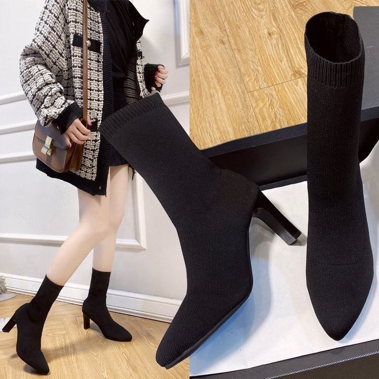 Ladies knitted sock boots with pointed toe elastic shaft and mid-high block heel Mune Fashion