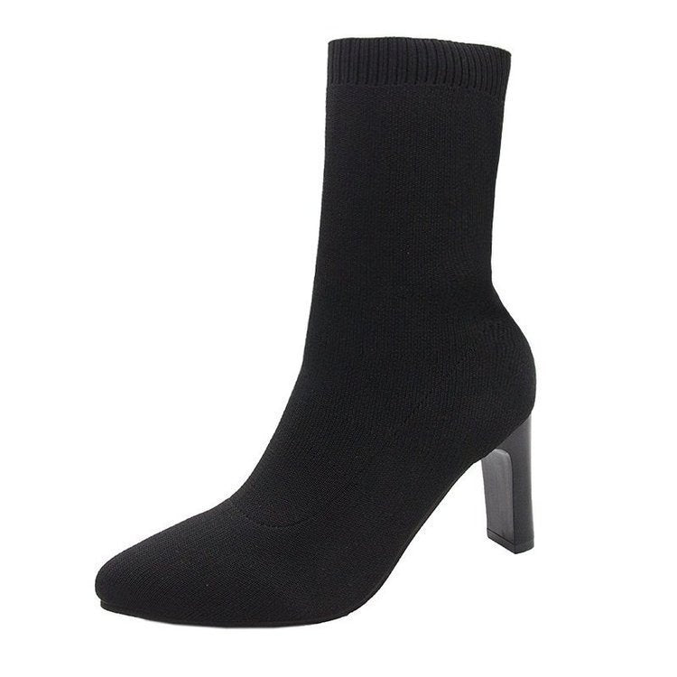 Ladies knitted sock boots with pointed toe elastic shaft and mid-high block heel Mune Fashion