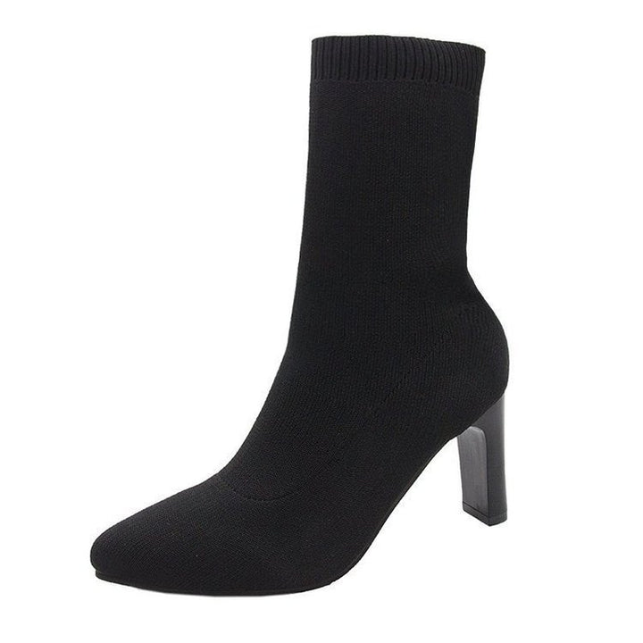 Ladies knitted sock boots with pointed toe elastic shaft and mid-high block heel Mune Fashion