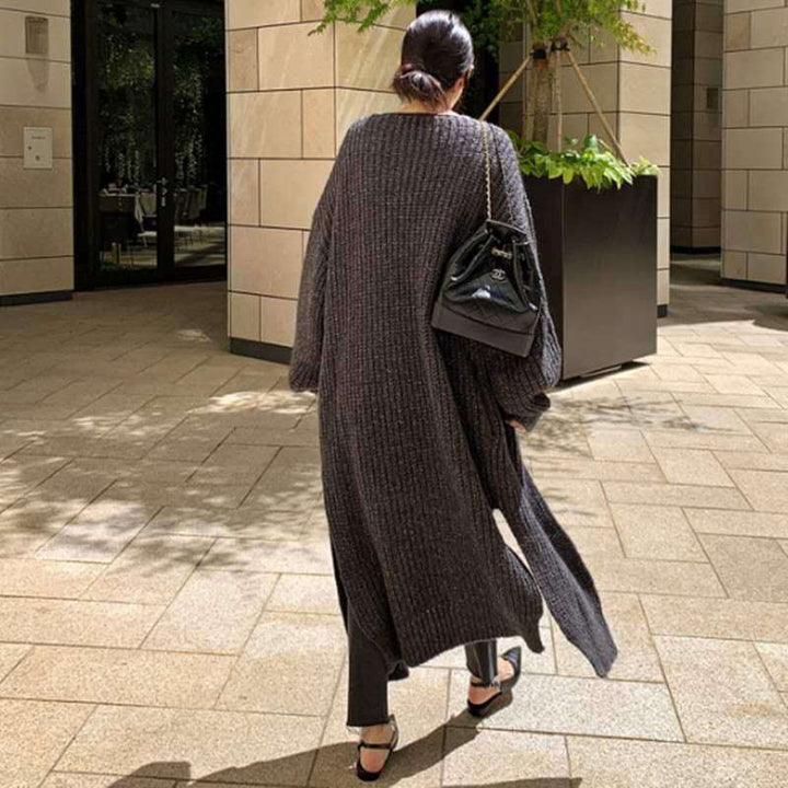 Women's Long Chunky Knit Cardigan with Oversized Fit, Shawl Collar and Patch Pockets Mune Fashion