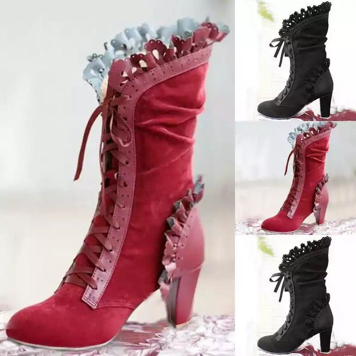 Women’s lace-up ankle boots with ruffle trim and medium block heel Mune Fashion