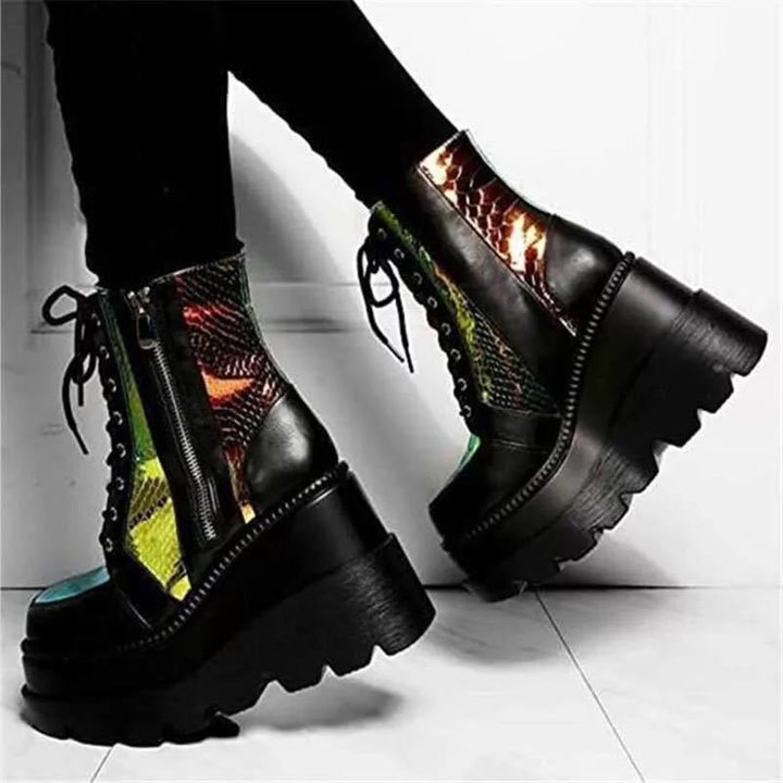 Ladies' platform biker boots with holographic inserts, lacing, and side zipper Mune Fashion
